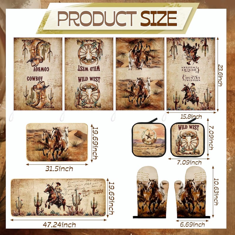 Fourluoo 10 Pcs Western Cowboy Kitchen Decor Oven Mitts and Pot Holders Set Western Cowboy Kitchen Accessories Vintage Dish Towels Farmhouse Rugs and Mats for Home Cooking Baking Housewarming Gifts - Image 3